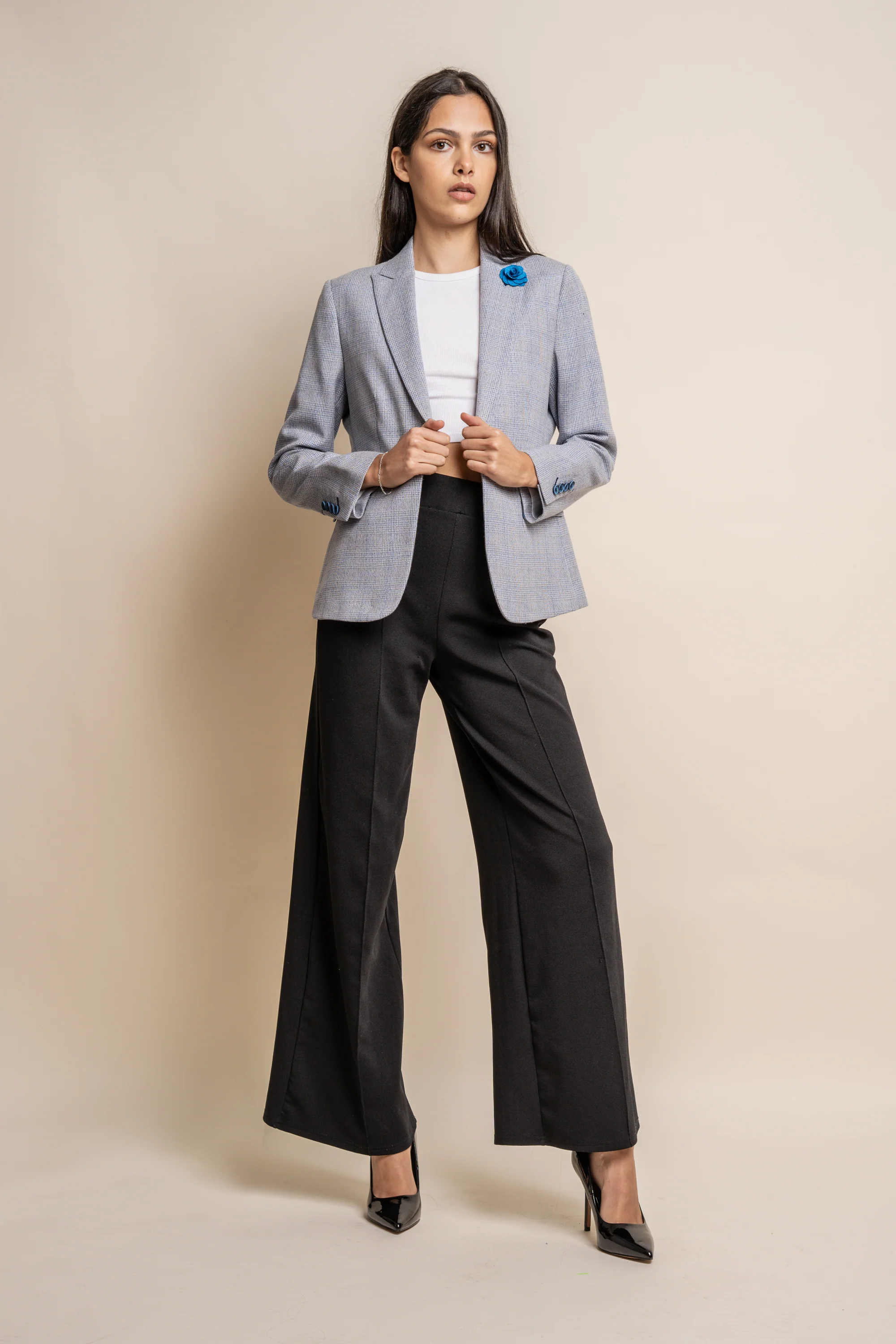 Women's Slim Fit Glen Check Blazer - CARIDI - Sky Blue - Image 2
