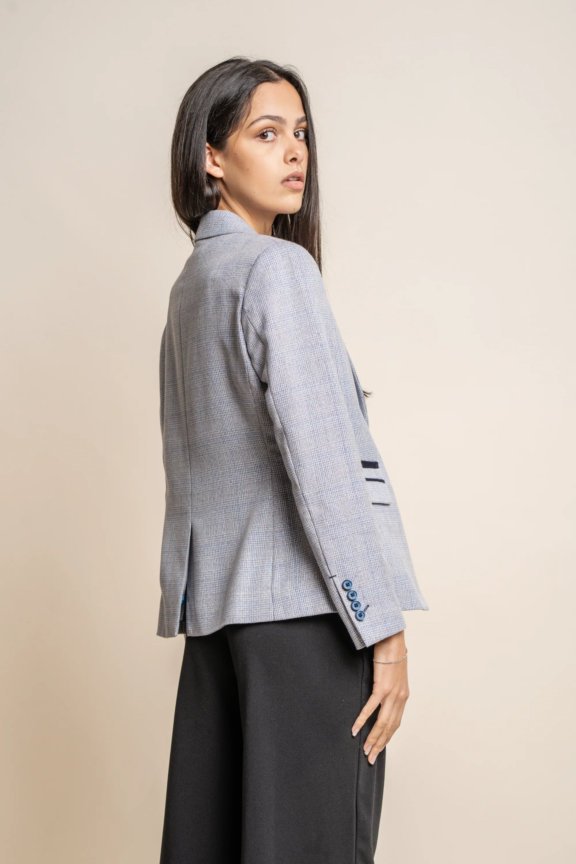 Women's Slim Fit Glen Check Blazer - CARIDI - Sky Blue - Image 3